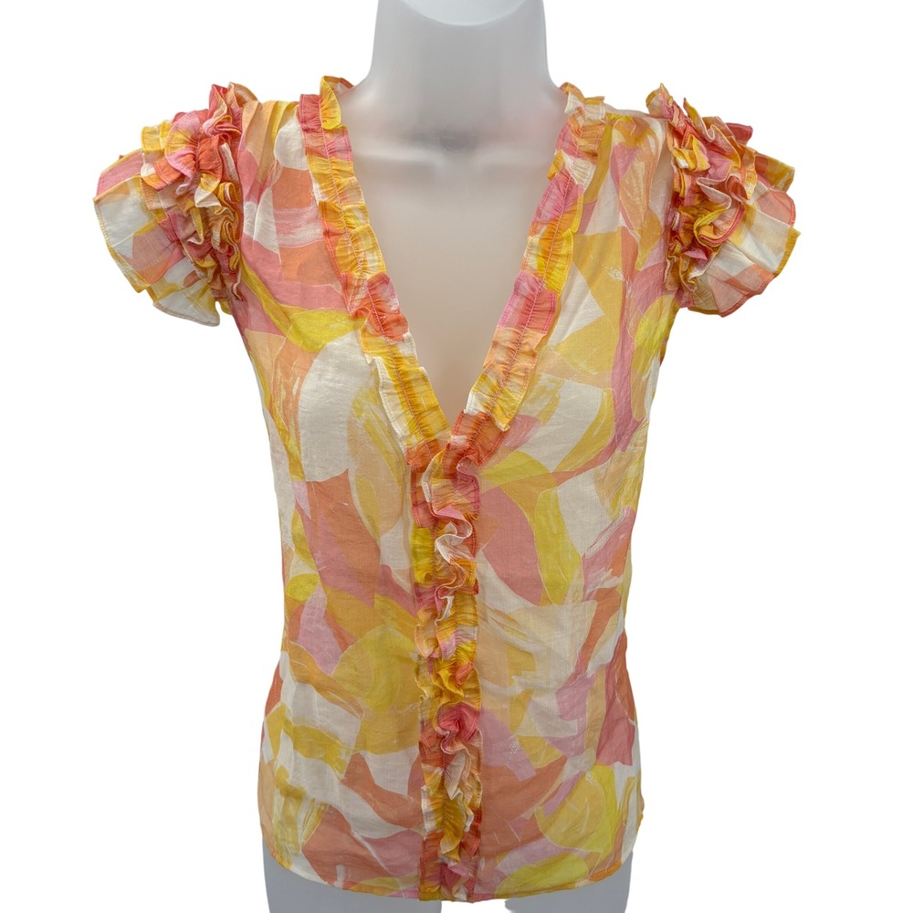Generation Love Pink Yellow Abstract Tiered Ruffle V-Neck Blouse Top Women Small